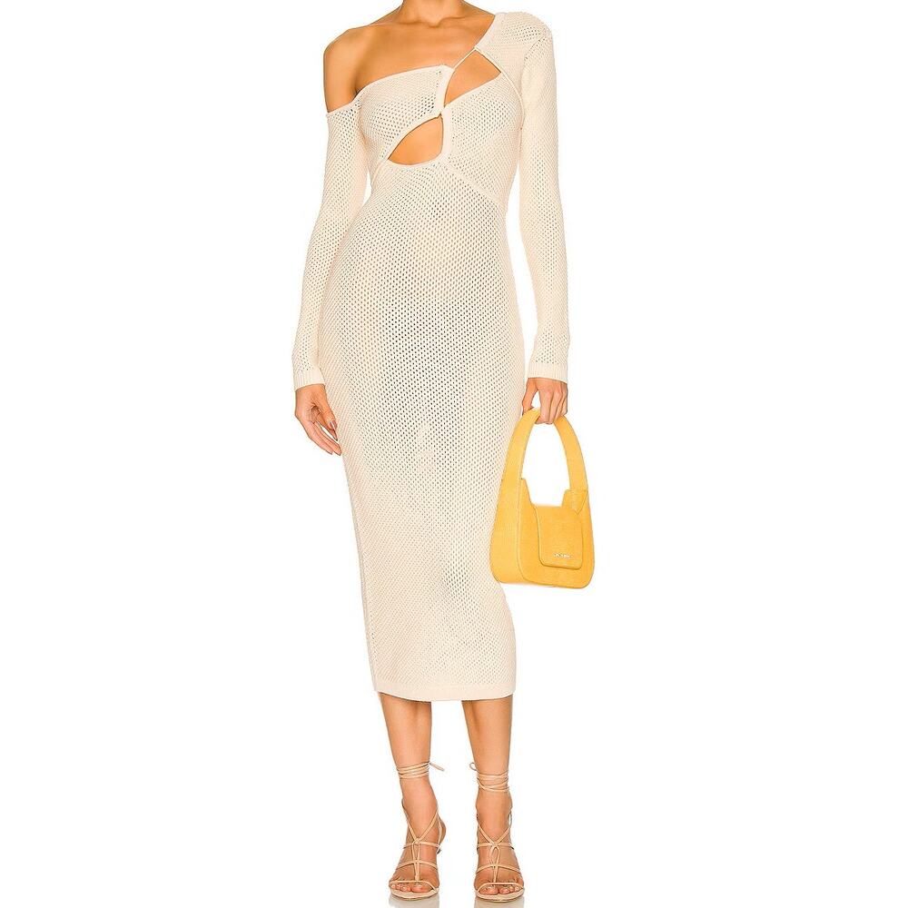 Ronny Kobo Rosemary Midi Dress Cream Crochet Cut Out One Shoulder - Size S